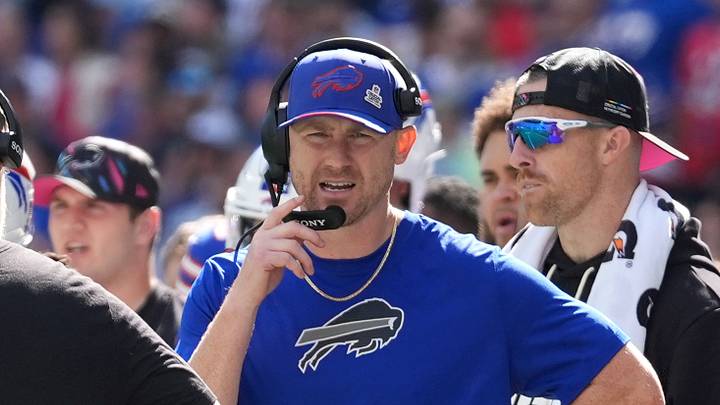 Oct 4, 2026; Orchard Park, New York, USA;  Buffalo Bills head coach Joe Brady looks on during the second quarter against the New England Patriots at New Highmark Stadium.  Mandatory Credit: Gregory Fisher-Imagn Images