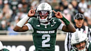 Michigan State's Aidan Chiles prepares for the snap against UCLA during the first quarter on Saturday, Oct. 11, 2025, at Spartan Stadium in East Lansing.