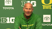 Oregon basketball coach Kelly Graves reacts to the Ducks' bracket in the NCAA Basketball Tournament, placing at Matthew Knight Arena Sunday, March 16, 2025.