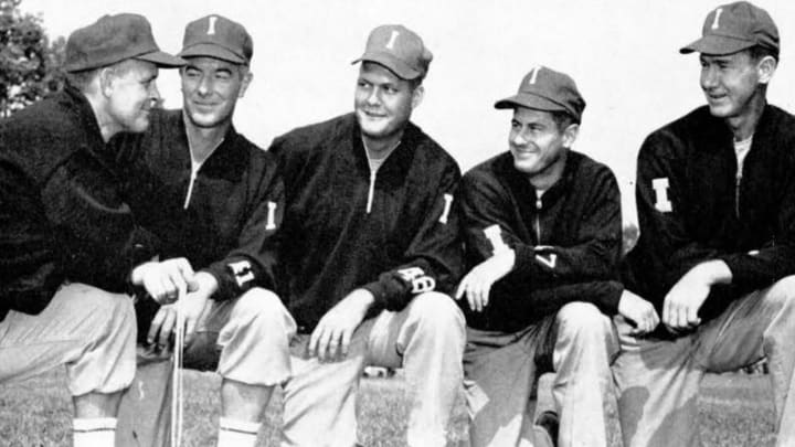 Bob Hicks, far left, was given the unofficial title of "coach-in-charge" as Indiana head coach Phil Dickens was suspended for the 1957 season. Also pictured, from left: Hicks, backfield coach Wilbur Stevens, assistant backfield coach Bernie Miller, end coach Lou McCullough and assistant line coach John Townsend.