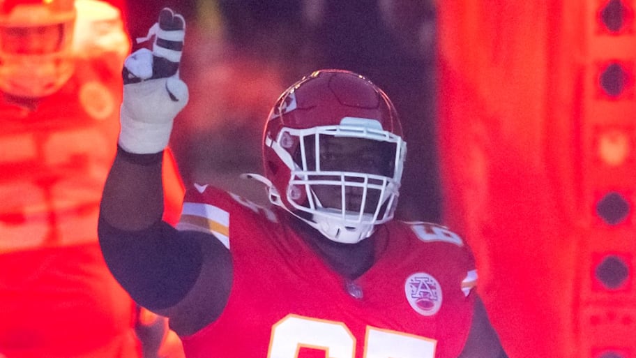 Jan 26, 2025; Kansas City, MO, USA; Kansas City Chiefs guard Trey Smith (65) against the Buffalo Bills in the AFC Championship game at GEHA Field at Arrowhead Stadium. Mandatory Credit: Mark J. Rebilas-Imagn Images | Mark J. Rebilas-Imagn Images