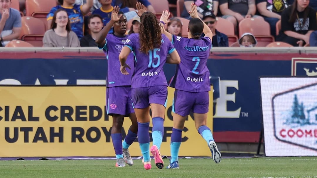 May 23, 2025; Sandy, Utah, USA; Orlando Pride forward Barbra Banda (22) celebrates a second goal against the Utah Royals FC during the first half at America First Field. Mandatory Credit: Rob Gray-Imagn Images