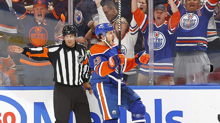 Edmonton Oilers forward Mattias Janmark (13) celebrates after scoring a goal against the Dallas Stars