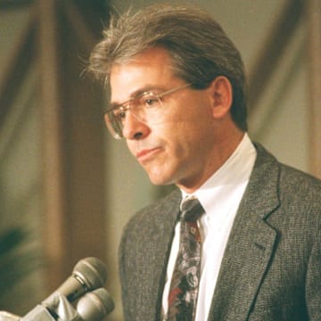 Nick Saban talks at a news  conference announcing him as the successor to George Perles as football coach at Michigan State University after the 1994 season.

Saban At Mike2