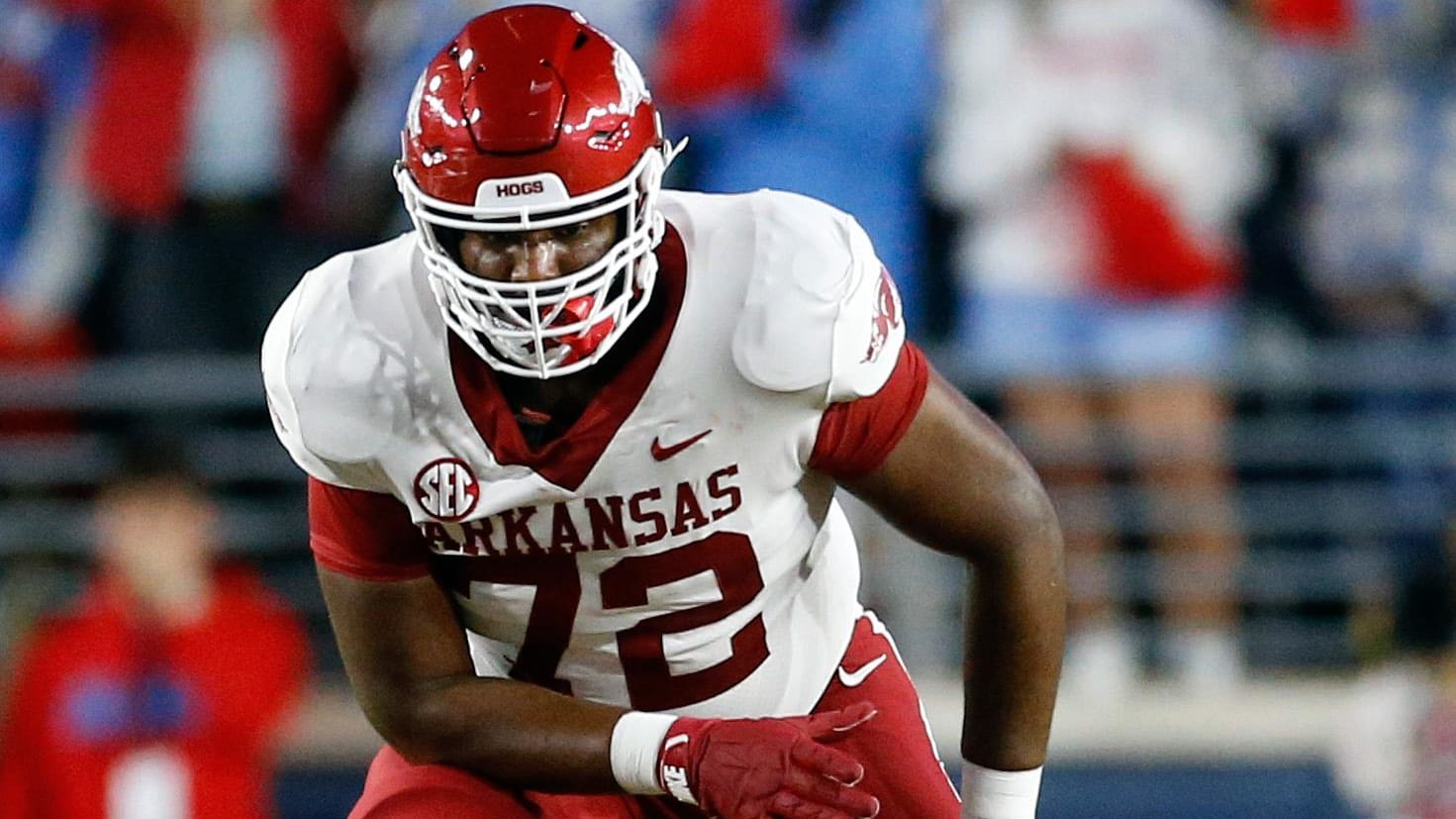 Arkansas offensive lineman Andrew Chamblee lines up against Ole Miss.