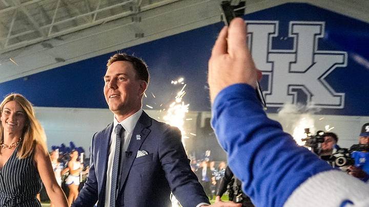 New Kentucky Wildcat head coach Will Stein arrives with wife, Darby has he is introduced at Kentucky on Wednesday, December 3, 2025