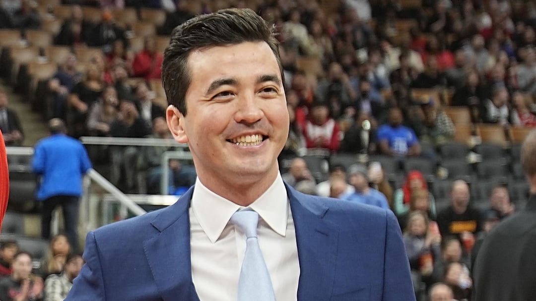 Feb 14, 2023; Toronto, Ontario, CAN;  Toronto Raptors forward Pascal Siakam (43) acknowledges the fans after a presentation for being selected to the All-Star team by general manager Bobby Webster before a game against the Orlando Magic at Scotiabank Arena. Mandatory Credit: John E. Sokolowski-Imagn Images