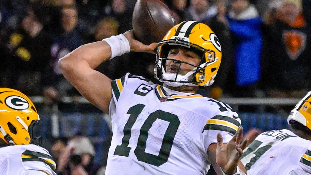 Green Bay Packers quarterback Jordan Love (10) throws downfield against the Chicago Bears during their wild-card game.