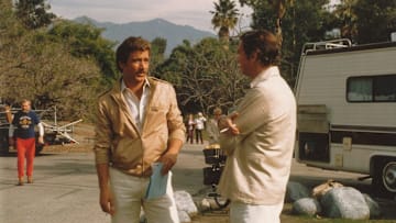 Actor Lee Horsley (left) rocks a Members Only jacket, with Martin Landau 'mirin.