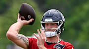 Tennessee Titans quarterback Will Levis (8) passes during an NFL football minicamp camp practice at Ascension Saint Thomas Sports Park Thursday, June 12, 2025, in Nashville, Tenn.
