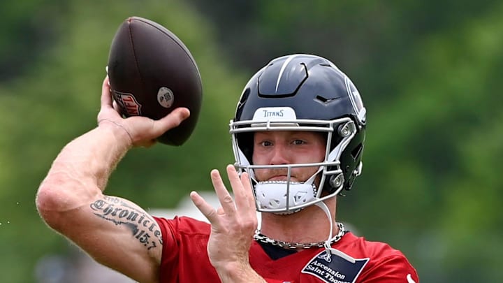 Tennessee Titans quarterback Will Levis (8) passes during an NFL football minicamp camp practice at Ascension Saint Thomas Sports Park Thursday, June 12, 2025, in Nashville, Tenn.