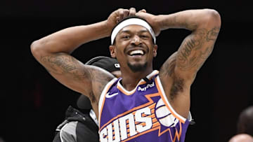 Jan 7, 2025; Charlotte, North Carolina, USA;  Phoenix Suns guard Bradley Beal (3) reacts after scoring during the first half against the Charlotte Hornets at the Spectrum Center. Mandatory Credit: Sam Sharpe-Imagn Images