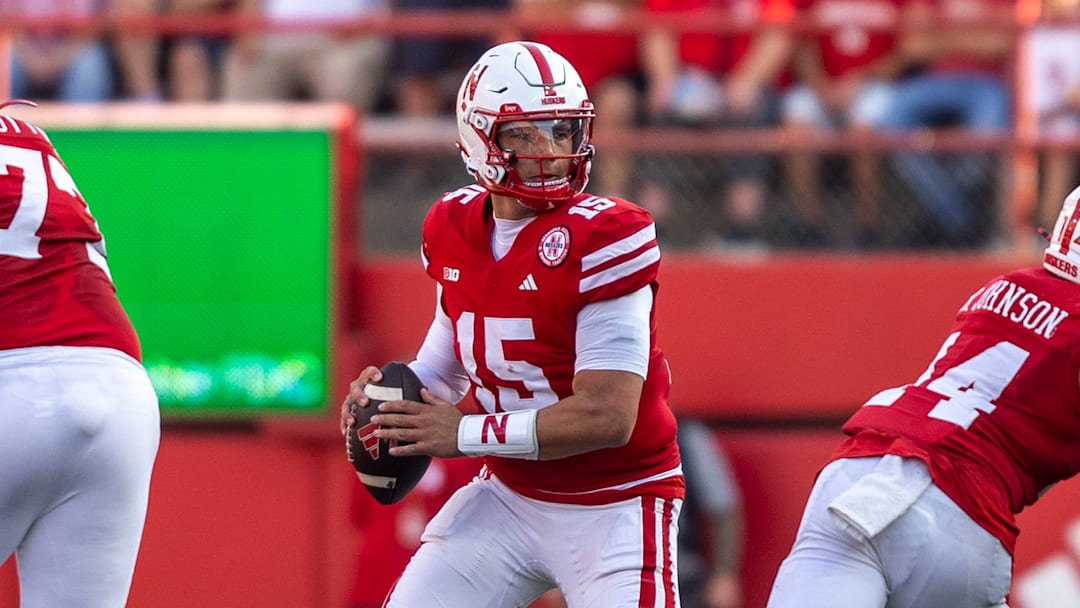Nebraska quarterback Dylan Raiola scans the field for an open receiver during the second quarter against Rutgers. Nebraska quarterback Dylan Raiola scans the field for an open receiver during the second quarter against Rutgers.