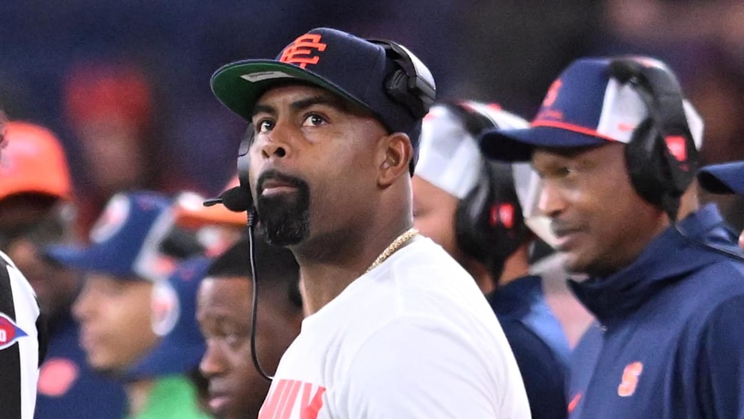 Oct 31, 2025; Syracuse, New York, USA; Syracuse Orange head coach Fran Brown looks to the scoreboard in the fourth quarter game against the North Carolina Tar Heels at the JMA Wireless Dome. Mandatory Credit: Mark Konezny-Imagn Images