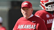 Arkansas Razorbacks interim head coach Bobby Petrino prior to the game against the Mississippi State Bulldogs at Donald W. Reynolds Razorback Stadium. 