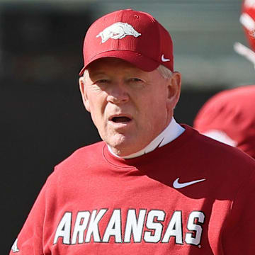 Arkansas Razorbacks interim head coach Bobby Petrino prior to the game against the Mississippi State Bulldogs at Donald W. Reynolds Razorback Stadium. 