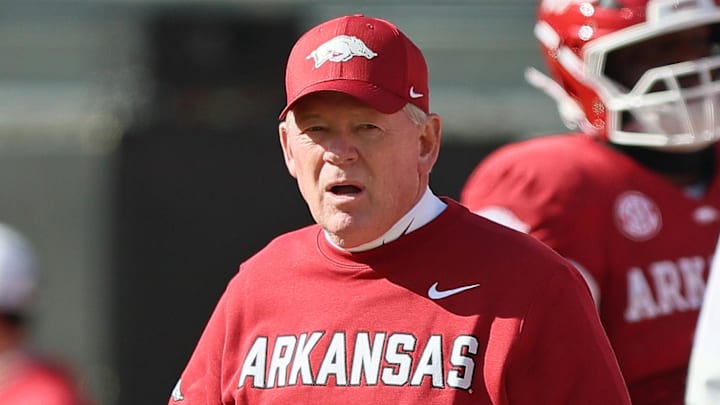 Arkansas Razorbacks interim head coach Bobby Petrino prior to the game against the Mississippi State Bulldogs at Donald W. Reynolds Razorback Stadium. Arkansas Razorbacks interim head coach Bobby Petrino prior to the game against the Mississippi State Bulldogs at Donald W. Reynolds Razorback Stadium.