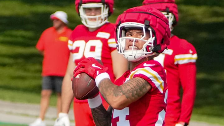 Jul 22, 2024; St. Joseph, MO, USA; Kansas City Chiefs wide receiver Skyy Moore (24) catches a pass during training camp at Missouri Western State University. Mandatory Credit: Denny Medley-USA TODAY Sports