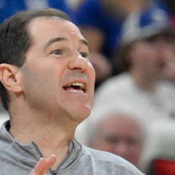 Mar 21, 2025; Raleigh, NC, USA; Baylor Bears head coach Scott Drew reacts during the second half against the Mississippi State Bulldogs in the first round of the NCAA Tournament at Lenovo Center. Mandatory Credit: Zachary Taft-Imagn Images