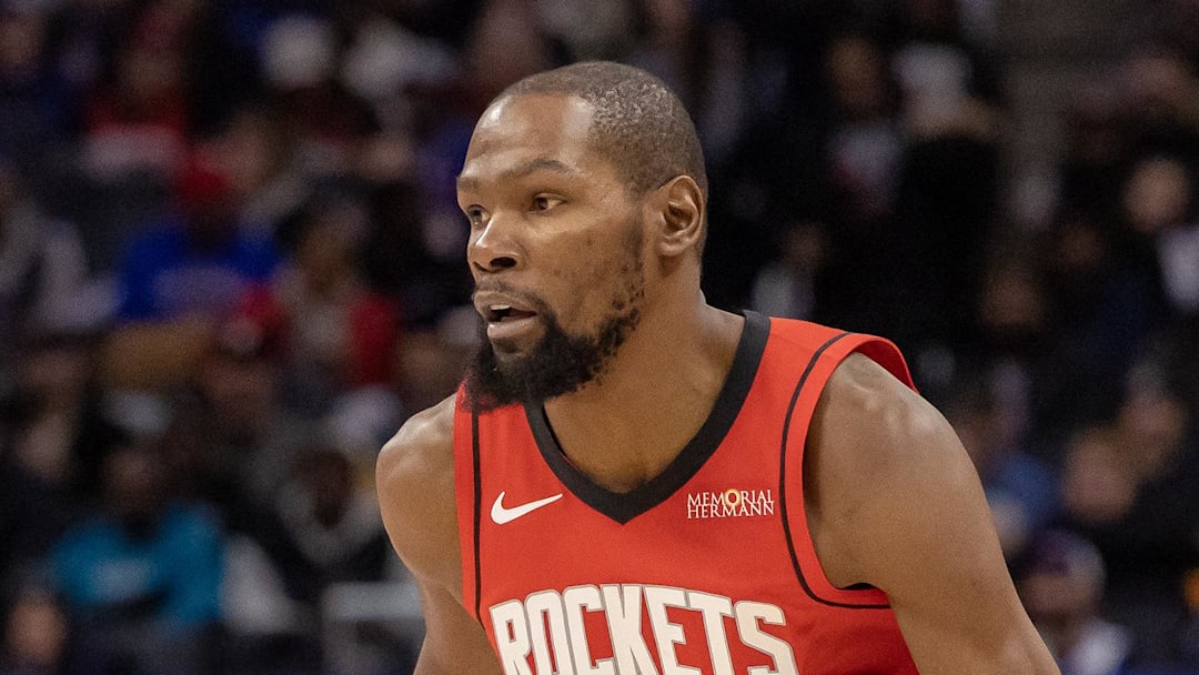 Jan 23, 2026; Detroit, Michigan, USA; Houston Rockets forward Kevin Durant (7) moves the ball up court against the Detroit Pistons during the first half at Little Caesars Arena. Mandatory Credit: David Reginek-Imagn Images