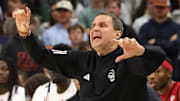 Dec 3, 2025; Auburn, Alabama, USA;  NC State Wolfpack head coach Will Wade directs his team during the first half against the Auburn Tigers at Neville Arena. Mandatory Credit: John Reed-Imagn Images