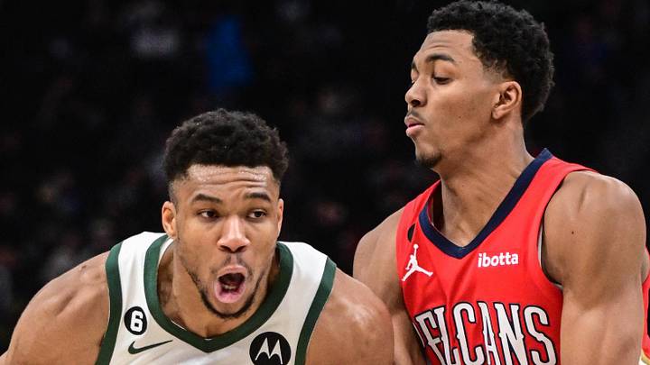 Jan 29, 2023; Milwaukee, Wisconsin, USA; Milwaukee Bucks forward Giannis Antetokounmpo (34) drives for the basket against New Orleans Pelicans forward Trey Murphy III (25) in the third quarter at Fiserv Forum. Mandatory Credit: Benny Sieu-Imagn Images