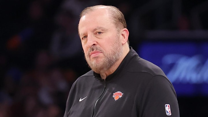 Feb 29, 2024; New York, New York, USA; New York Knicks head coach Tom Thibodeau reacts during the first quarter against the Golden State Warriors at Madison Square Garden. Mandatory Credit: Brad Penner-USA TODAY Sports