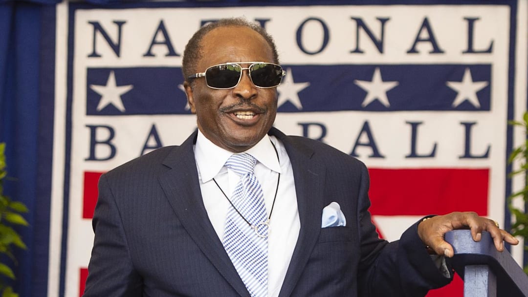 Jul 21, 2019; Cooperstown, NY, USA; Hall of Famer Joe Morgan is introduced during the 2019 National Baseball Hall of Fame induction ceremony at the Clark Sports Center. Mandatory Credit: Gregory J. Fisher-Imagn Images