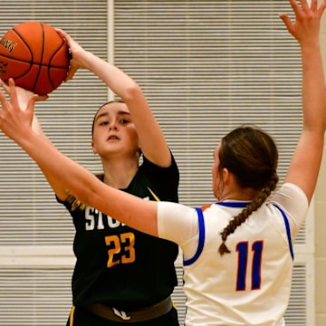 Sauk Rapids girls basketball sophomore Brooklyn Widmer inbounds the ball during a game against the St. Cloud Crush on Dec. 6, 2024 at Sauk Rapids High School. The Storm lost 70-51.
