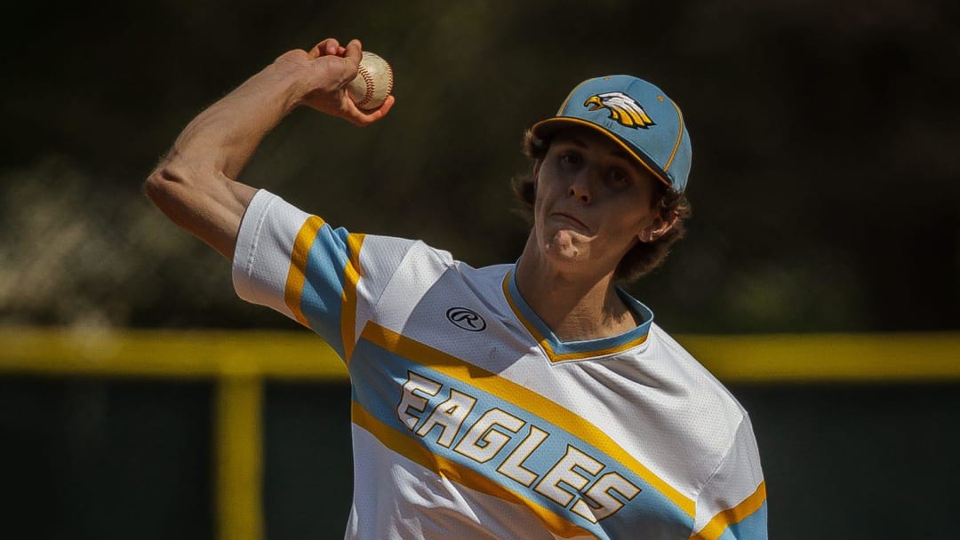 Pitcher Gavin Adams delivers the ball during District 12 3A championship high school baseball action as St. John Paul II hosted American Heritage in Boca Raton, Fla., on Thursday, April 29, 2021.