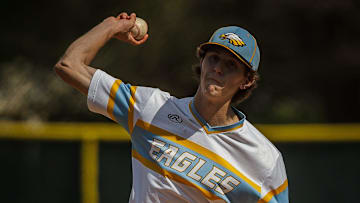 Pitcher Gavin Adams delivers the ball during District 12 3A championship high school baseball action as St. John Paul II hosted American Heritage in Boca Raton, Fla., on Thursday, April 29, 2021.