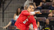 Arizona Wildcats women's volleyball outside hitter Jordan Wilson (5) hits the ball against the Arizona State Sun Devils at Mullett Arena in Tempe on Sept. 21, 2023.
