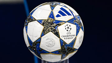 The Adidas ball of the match and the Logo of SSC Napoli seen...