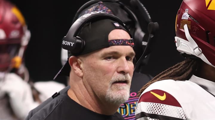 Washington Commanders head coach Dan Quinn during the second half against the Atlanta Falcons. Washington Commanders head coach Dan Quinn during the second half against the Atlanta Falcons.