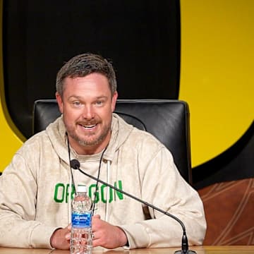 Oregon head coach Dan Lanning speaks during a press availability Thursday, March 13, 2025, at the Hatfield-Dowlin Complex in Eugene, Ore.