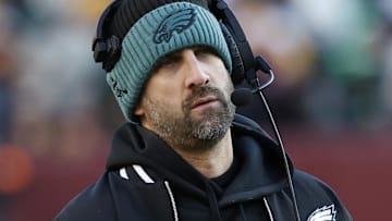 Dec 22, 2024; Landover, Maryland, USA; Philadelphia Eagles head coach Nick Sirianni looks on from the sidelines against the Washington Commanders during the third quarter at Northwest Stadium. Mandatory Credit: Geoff Burke-Imagn Images
