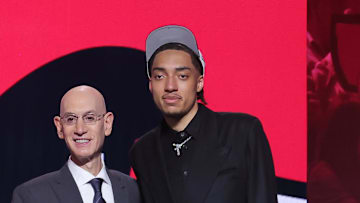 Jun 25, 2025; Brooklyn, NY, USA;  Noa Essengue stands with NBA commissioner Adam Silver after being selected as the 12th pick by the Chicago Bulls in the first round of the 2025 NBA Draft at Barclays Center. Mandatory Credit: Brad Penner-Imagn Images