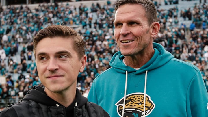 Jan 4, 2026; Jacksonville, Florida, USA; Jacksonville Jaguars executive vice president of football operations Tony Boselli and general manager James Gladstone look on after the game against the Tennessee Titans at EverBank Stadium. Mandatory Credit: Travis Register-Imagn Images