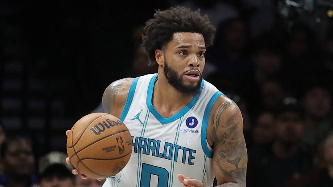 Mar 31, 2026; Brooklyn, New York, USA; Charlotte Hornets forward Miles Bridges (0) brings the ball up court against the Brooklyn Nets during the third quarter at Barclays Center. Mandatory Credit: Brad Penner-Imagn Images