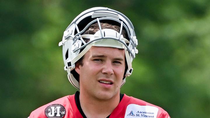 Indianapolis Colts quarterback Riley Leonard looks on during minicamp