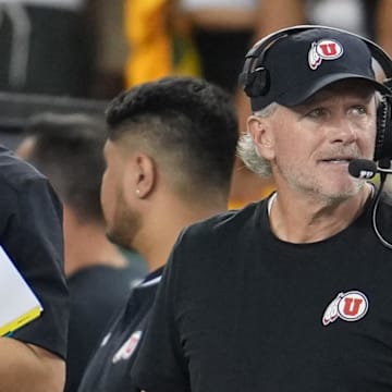 Utah Utes head coach Kyle Whittingham looks on from the sidelines during the first half against the Baylor Bears at McLane Stadium.