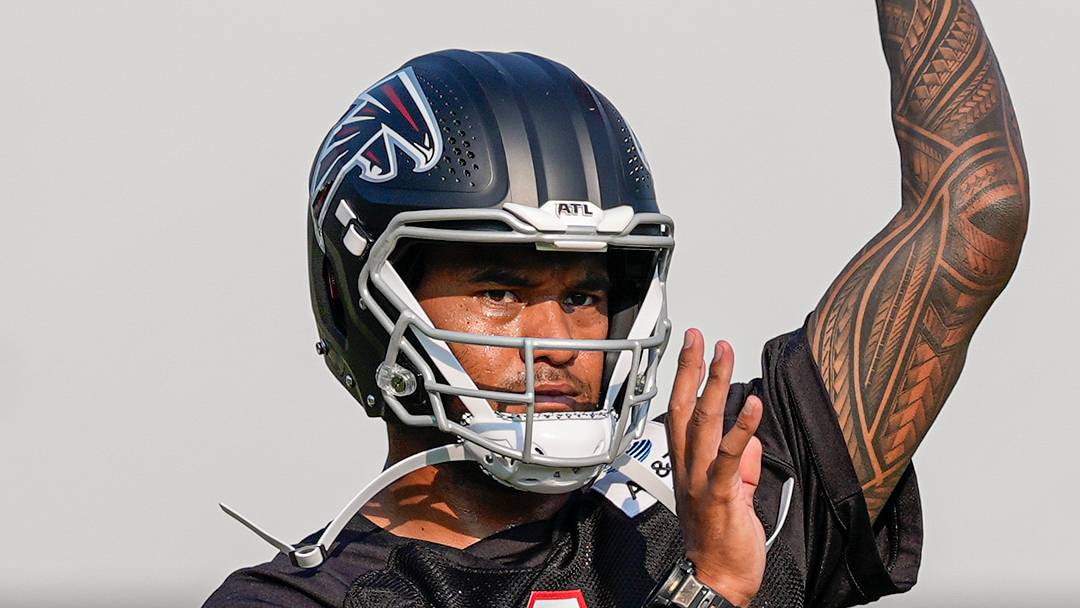 Jul 30, 2026; Atlanta, Falcons, USA; Atlanta Falcons quarterback Tua Tagovailoa (1) shown on the field during training camp at IBM Performance Field. Mandatory Credit: Dale Zanine-Imagn Images