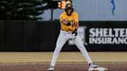 Chris Patterson celebrates from second base during a game at Taylor Stadium. 