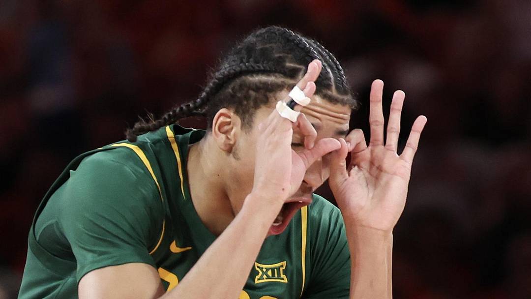 Mar 4, 2026; Houston, Texas, USA;  Baylor Bears guard Cameron Carr (43) reacts to his three point basket against the Houston Cougars in the  first half at Fertitta Center. Mandatory Credit: Thomas Shea-Imagn Images