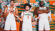 New Miami Hurricanes Seniors Malik Reneau (5), Tre Donaldson (3), and Ernest Udeh Jr. (8) are posing for media day.