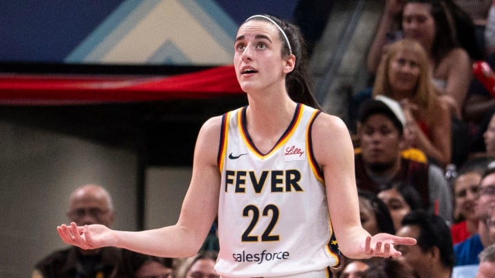 Indiana Fever guard Caitlin Clark (22) reacts after a foul Wednesday, June 19, 2024, during the game at Gainbridge Fieldhouse in Indianapolis. The Indiana Fever defeated the Washington Mystics, 88-81.