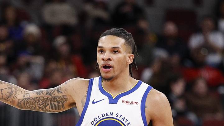 Dec 7, 2025; Chicago, Illinois, USA; Golden State Warriors guard Will Richard (3) reacts after scoring against the Chicago Bulls during the first half at United Center. Mandatory Credit: Kamil Krzaczynski-Imagn Images