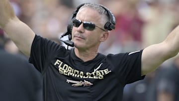 Oct 11, 2025; Tallahassee, Florida, USA; Florida State Seminoles head coach Mike Norvell during the second half against the Pittsburgh Panthers at Doak S. Campbell Stadium. Mandatory Credit: Melina Myers-Imagn Images