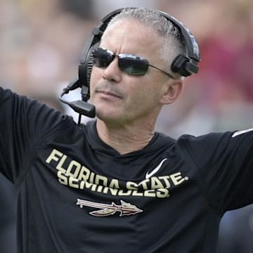 Oct 11, 2025; Tallahassee, Florida, USA; Florida State Seminoles head coach Mike Norvell during the second half against the Pittsburgh Panthers at Doak S. Campbell Stadium. Mandatory Credit: Melina Myers-Imagn Images