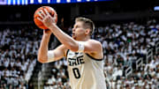 Michigan State's Jaxon Kohler makes a 3-pointer against Duke during the first half on Saturday, Dec. 6, 2025, at the Breslin Center in East Lansing.